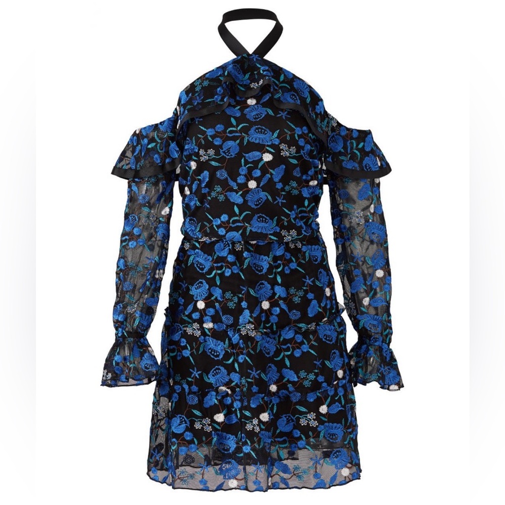 Alexia Admor Blue and Black Off-Shoulder Bell Sleeve Dress